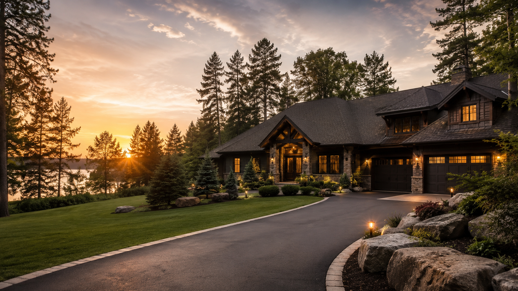 Well-kept residential property exterior at sunset.